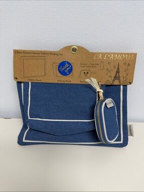 L'Amour Navy Blue Cotton Canvas Toiletry & Makeup Pouch Set